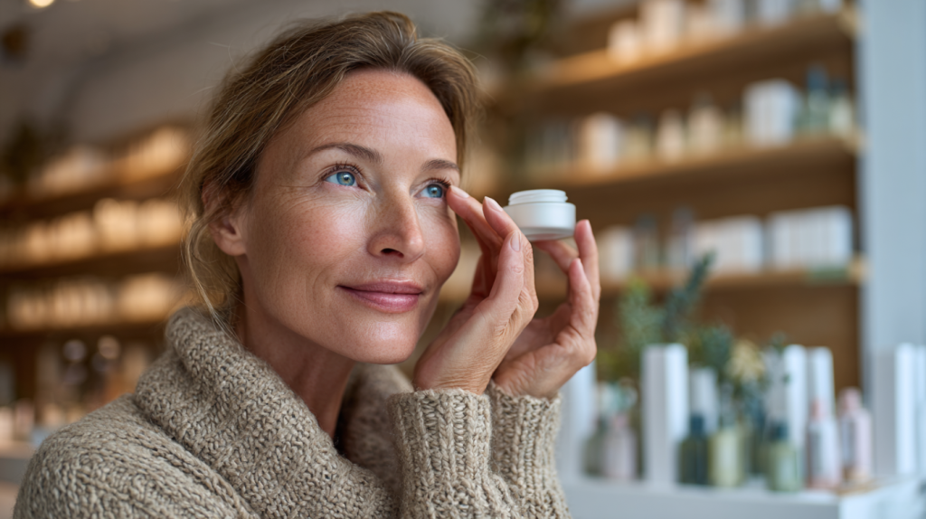 אישה משתמשמת בקרם לחות בחנות